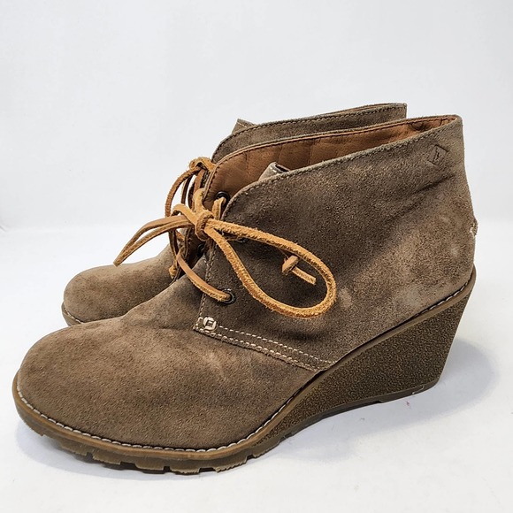 Sperry Top Sider Stella Prow Brown Suede Ankle Wedge Booties 9 M Lace Up Boots - Picture 4 of 8